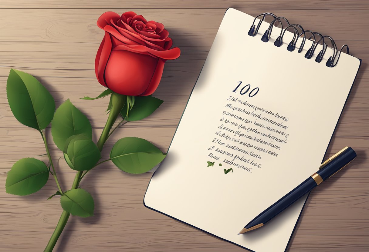 A table with a handwritten list of "100 Inspirational Love Quotes" and a red rose next to it