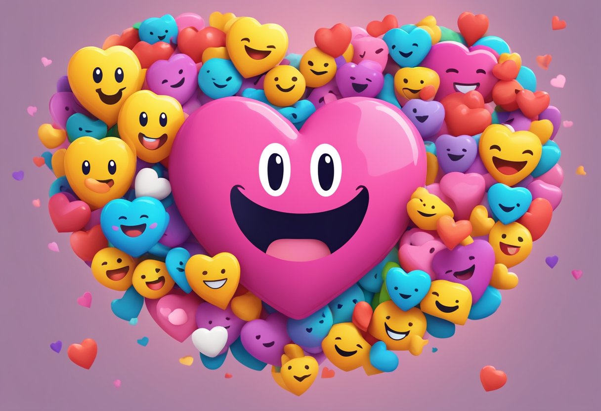 A heart-shaped meme floating above a smiling face, surrounded by colorful emojis expressing love and affection