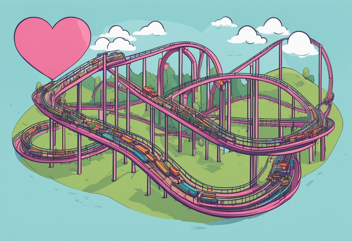 A heart-shaped rollercoaster, one side soaring high, the other plunging low, with "I love you" memes scattered throughout