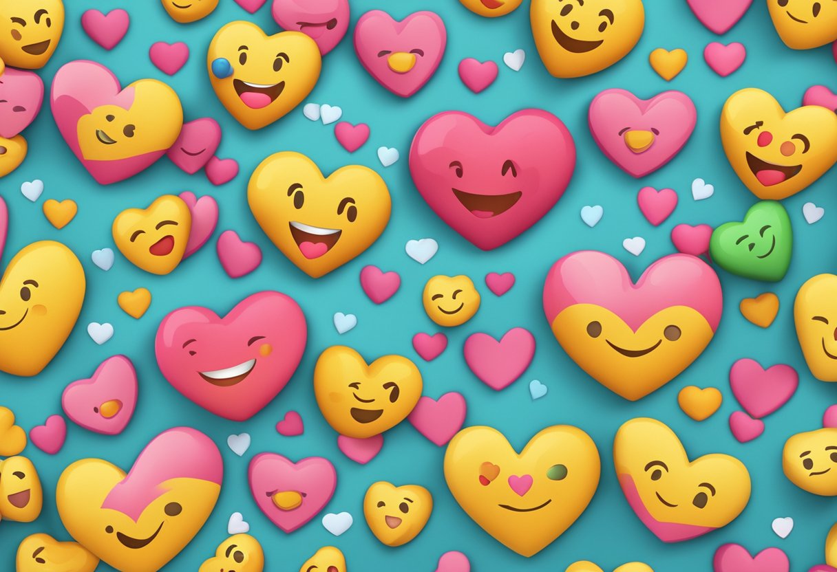 A heart-shaped emoji surrounded by smaller heart emojis, with the words "I Love You" written in bold, colorful text above them