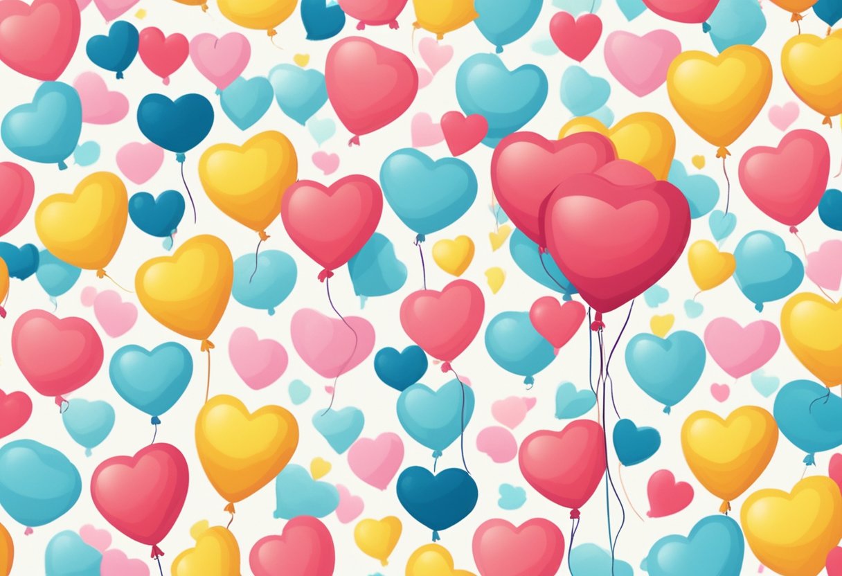 A heart-shaped balloon floats above a smiling face emoji, surrounded by floating hearts and the words "I love you" in bold, playful text