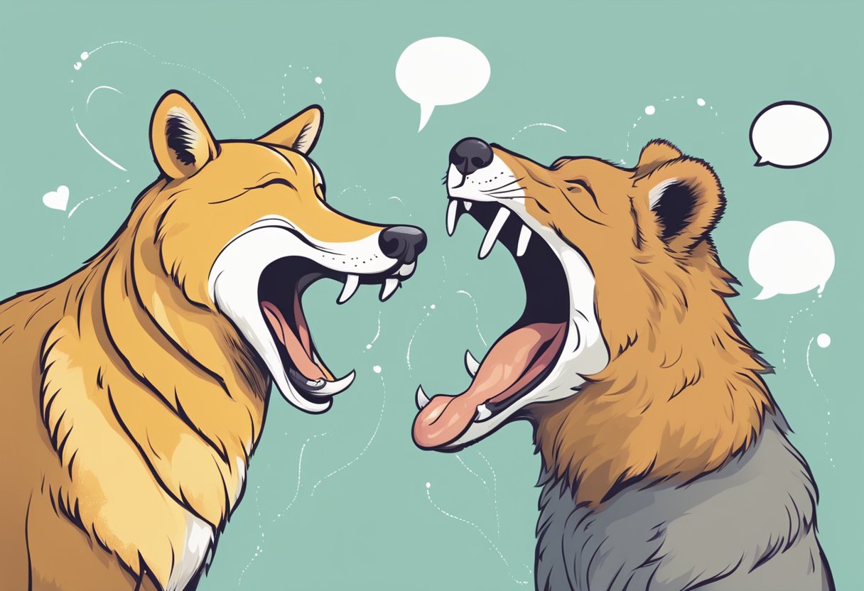 Two animals sharing a laugh, with speech bubbles containing funny friendship quotes above their heads