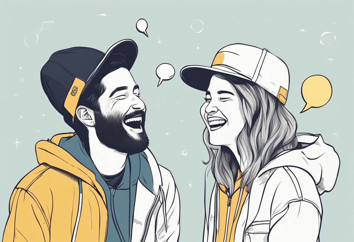 Two friends laughing together, sharing a joke. Quotes about friendship written in speech bubbles above their heads