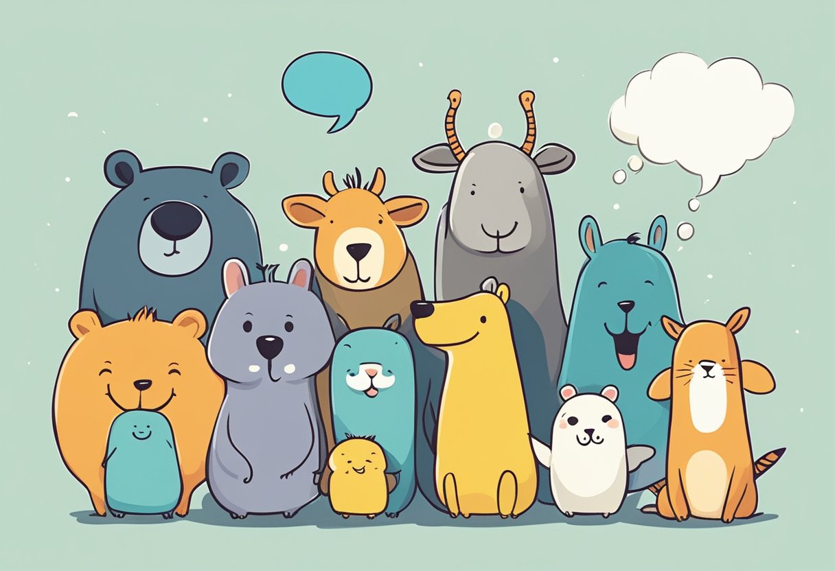 A group of animals laughing together, with speech bubbles containing humorous quotes about friendship floating above their heads