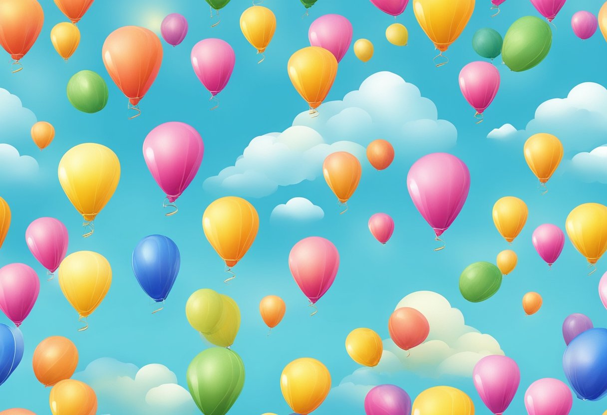 Colorful balloons floating in a clear blue sky, surrounded by vibrant flowers and smiling sun