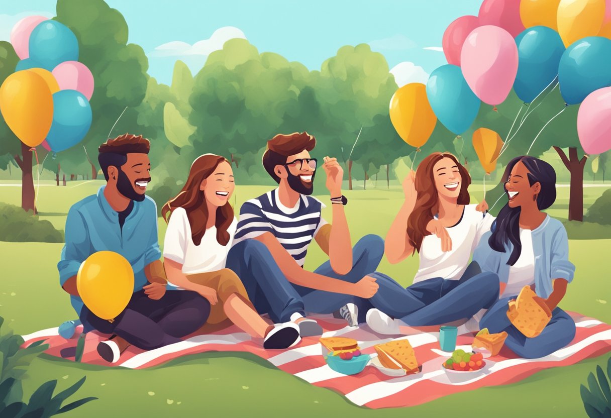 A group of friends laughing and enjoying each other's company in a park, surrounded by colorful balloons and picnic blankets