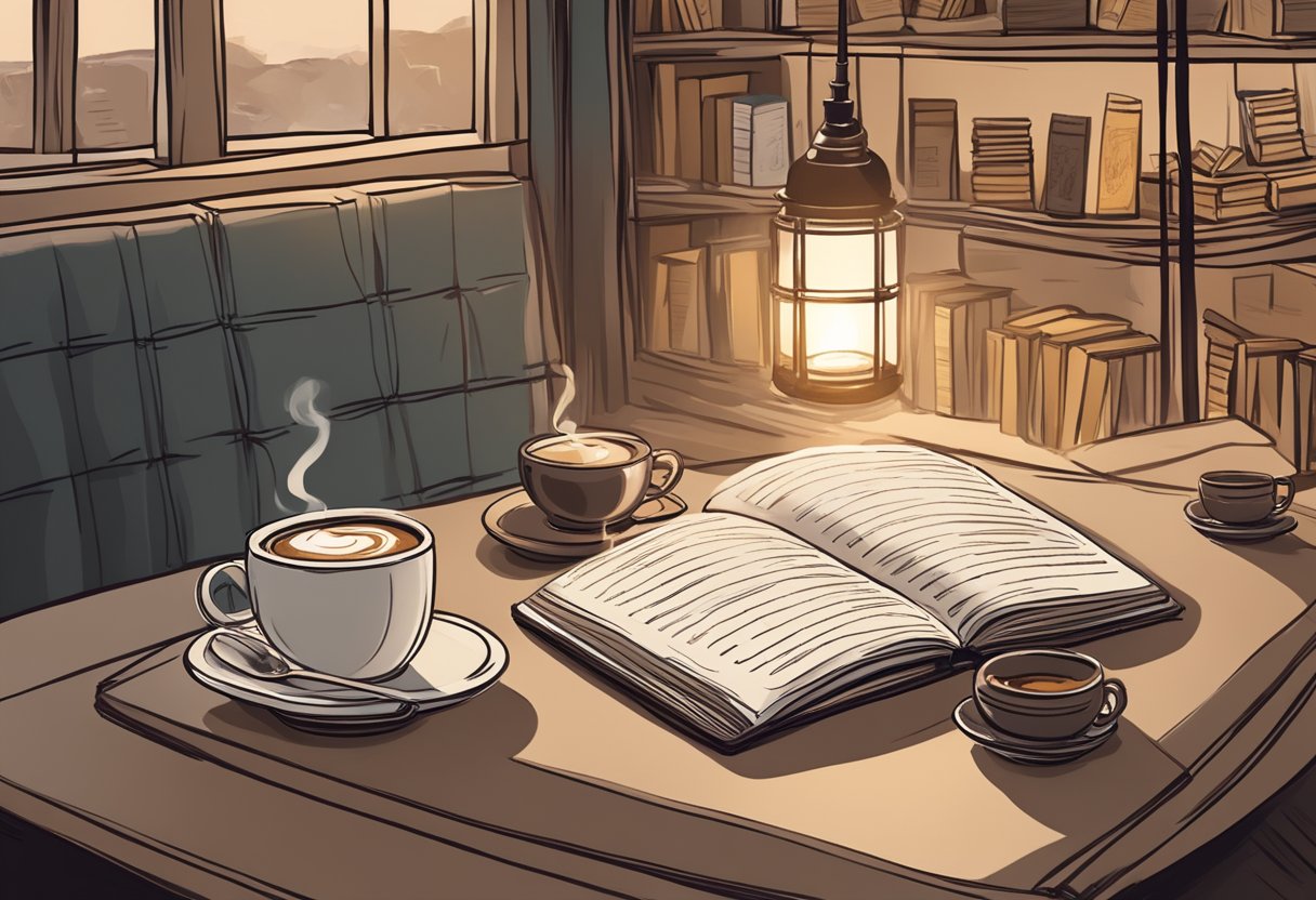 A cozy cafe with dim lighting, two steaming cups of coffee on a table, and a handwritten love poem peeking out from a book