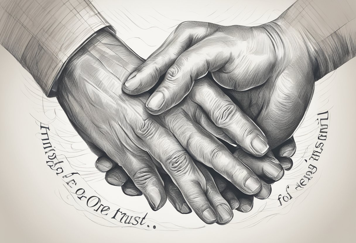 Two hands clasping together, with the words "Trust Quotes for Relationships" written in elegant script above them