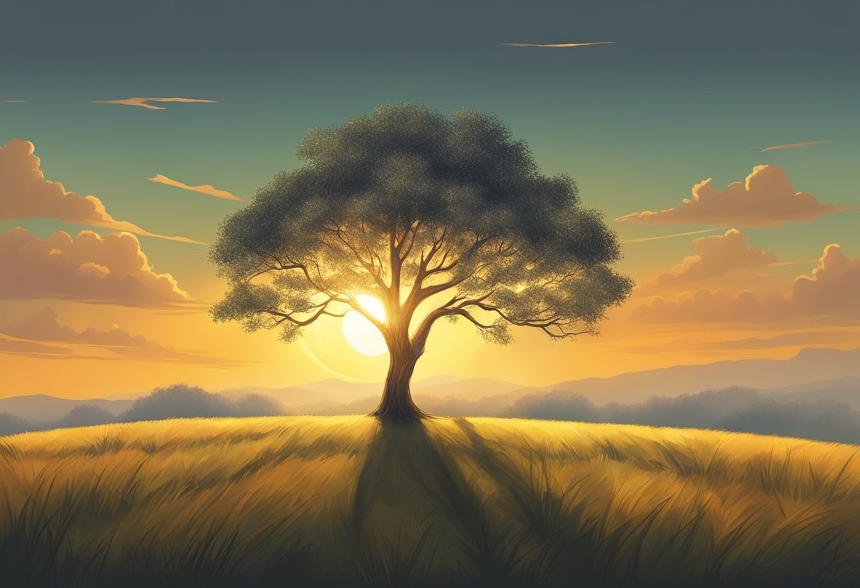 A lone tree stands tall in a field, its branches reaching towards the sky. The sun casts a warm glow, symbolizing trust and self-reliance