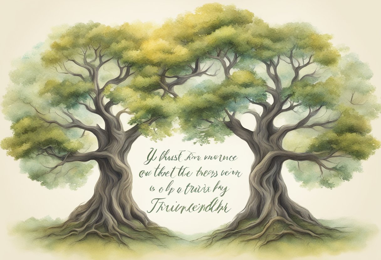 Two trees standing side by side, their branches intertwined in a symbol of trust and friendship. A quote about trust written in elegant script floats above them