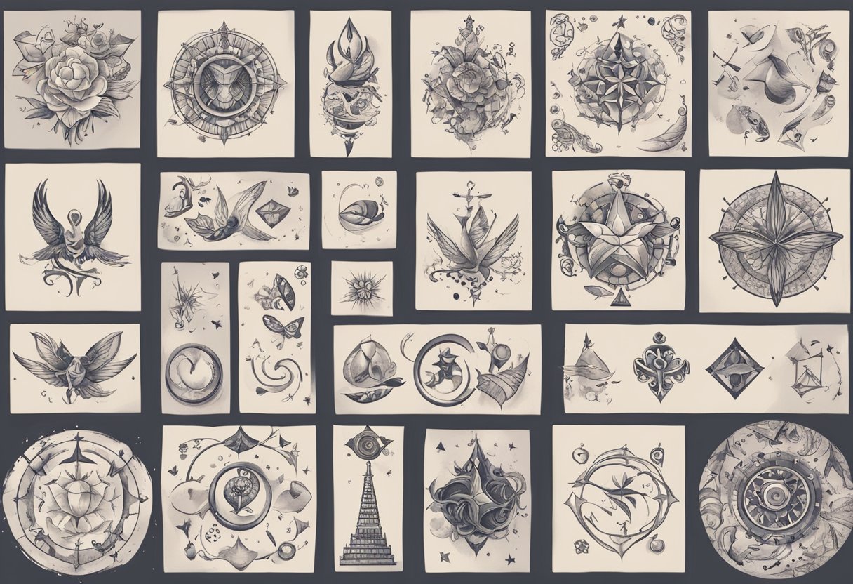 Various small tattoos, each with significant symbolism, scattered on a blank canvas