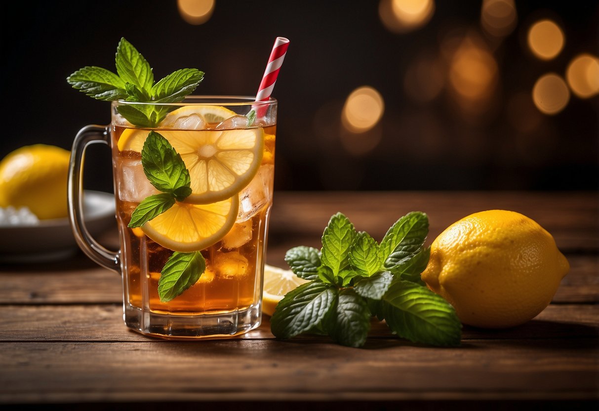 A glass filled with equal parts of iced tea and lemonade, garnished with a slice of lemon and a sprig of mint, sitting on a wooden table