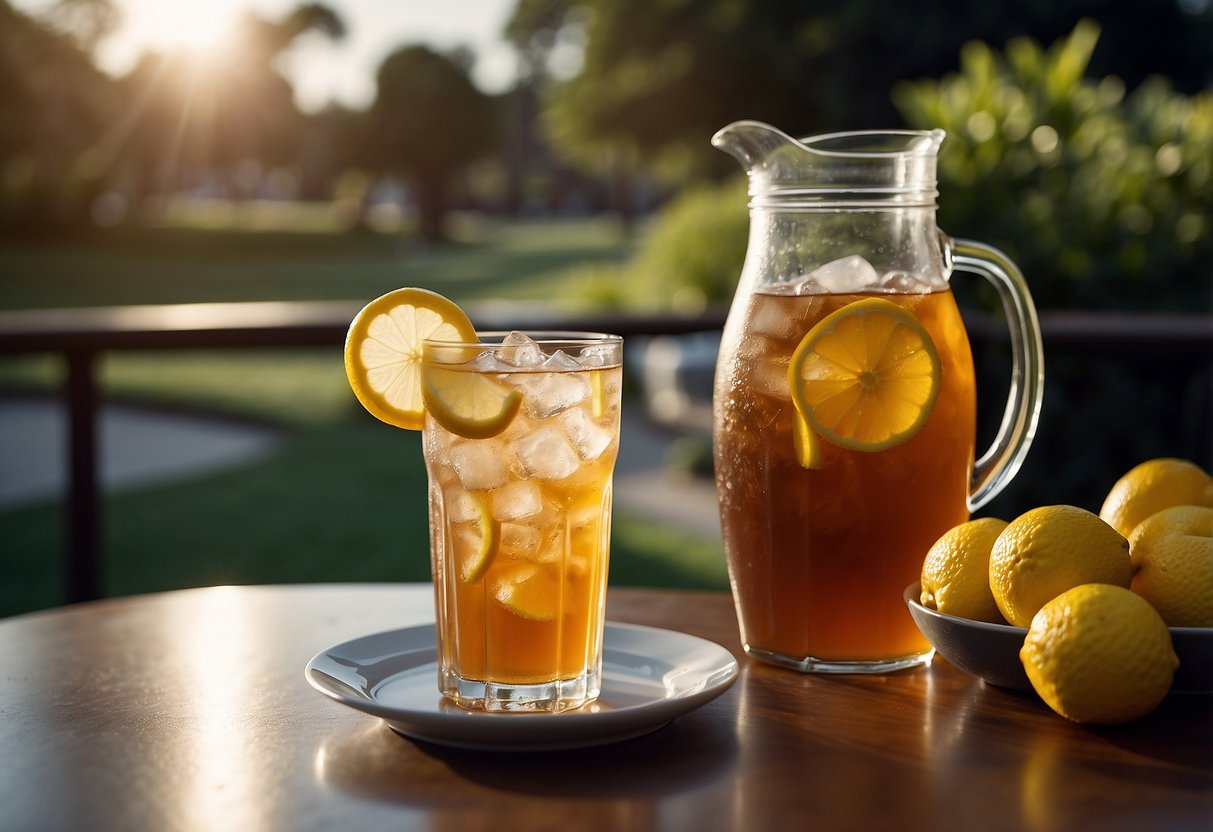 A golf club and a pitcher of iced tea and lemonade sit on a table, representing the classic Arnold Palmer drink