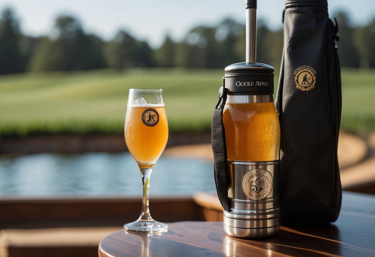 A golf club resting on a traditional Arnold Palmer beverage, with iconic umbrella logo in the background