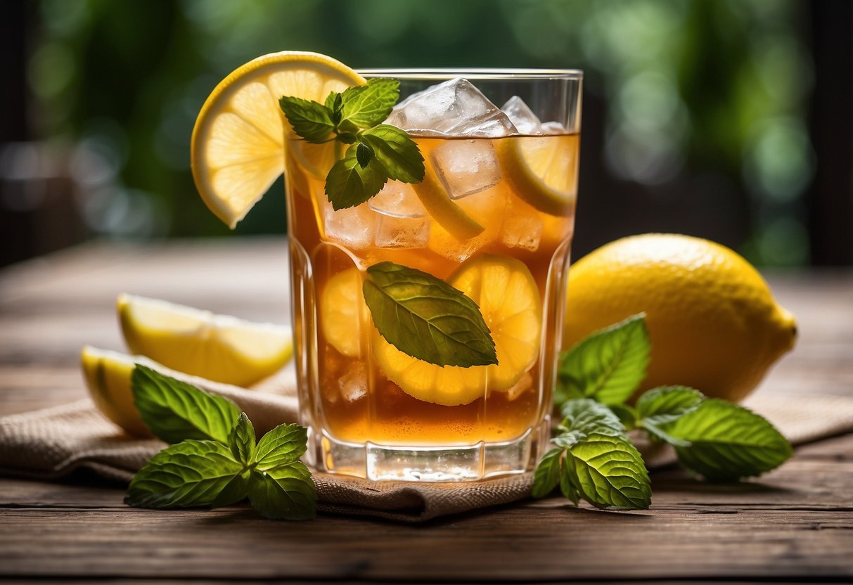 A tall glass filled with iced tea and lemonade, garnished with a lemon slice and a sprig of mint, sits on a wooden table with a straw and a napkin