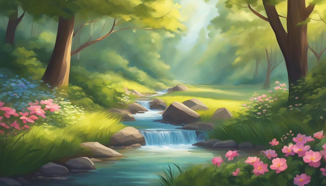 A serene forest clearing with a tranquil stream, surrounded by lush greenery and vibrant flowers, with a gentle breeze and warm sunlight