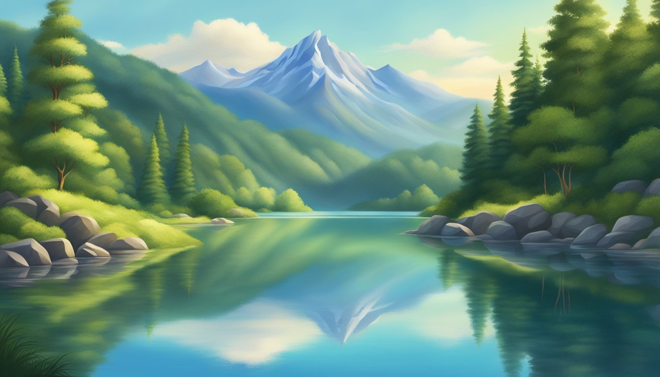 A serene mountain landscape with a peaceful lake, surrounded by lush greenery and a clear blue sky, evoking a sense of inner peace and spiritual healing