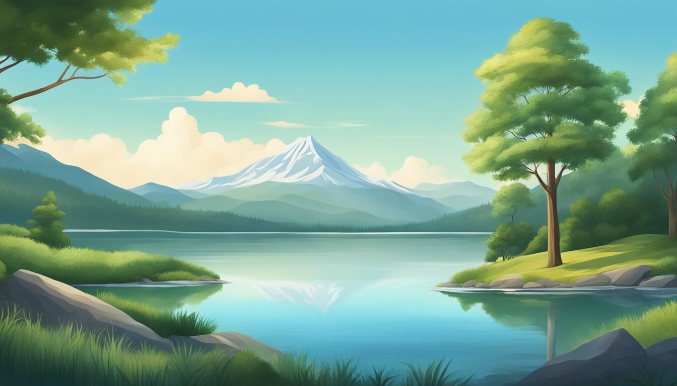 A serene mountain landscape with a tranquil lake, surrounded by lush greenery and towering trees, with a clear blue sky and a sense of calm and tranquility