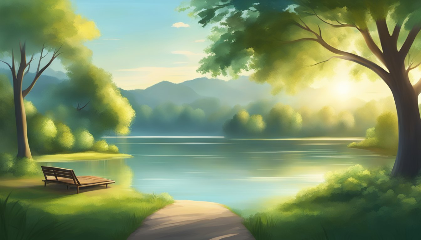 A serene landscape with a tranquil lake surrounded by lush greenery, with soft sunlight filtering through the trees.</p><p>A peaceful atmosphere with a sense of calm and rejuvenation