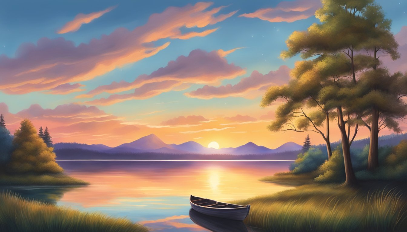 A calm lake reflects a vibrant sunset, evoking a sense of peace and tranquility.</p><p>The surrounding nature is alive with color, creating a serene and emotionally aware atmosphere