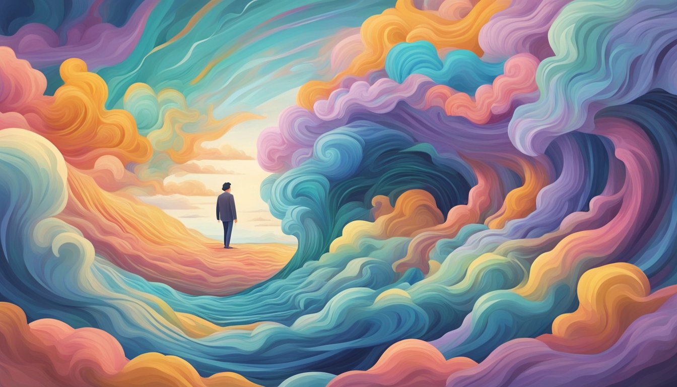 A person surrounded by swirling emotions, depicted as colorful clouds or waves.</p><p>A calm figure observes, while chaos and serenity clash around them