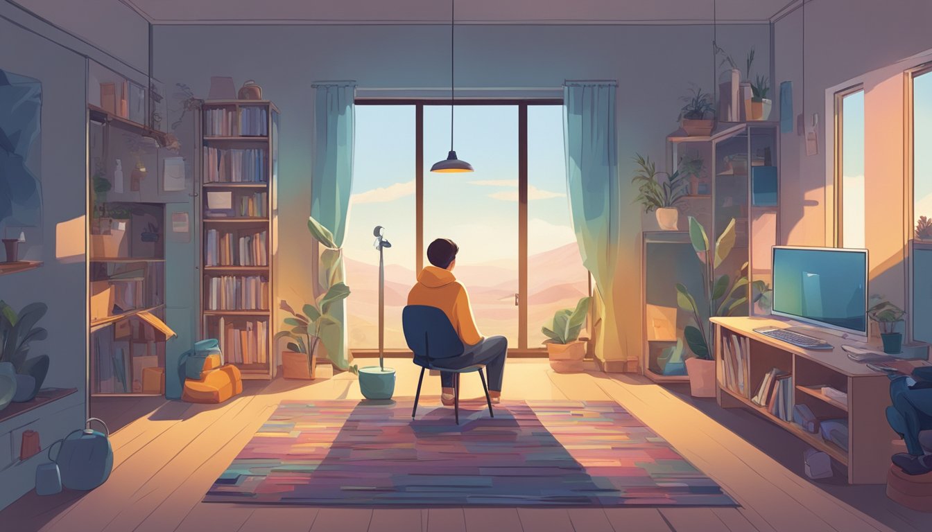 A person sitting alone in a quiet room, surrounded by various emotions depicted through objects and colors.</p><p>The atmosphere is calm yet reflective