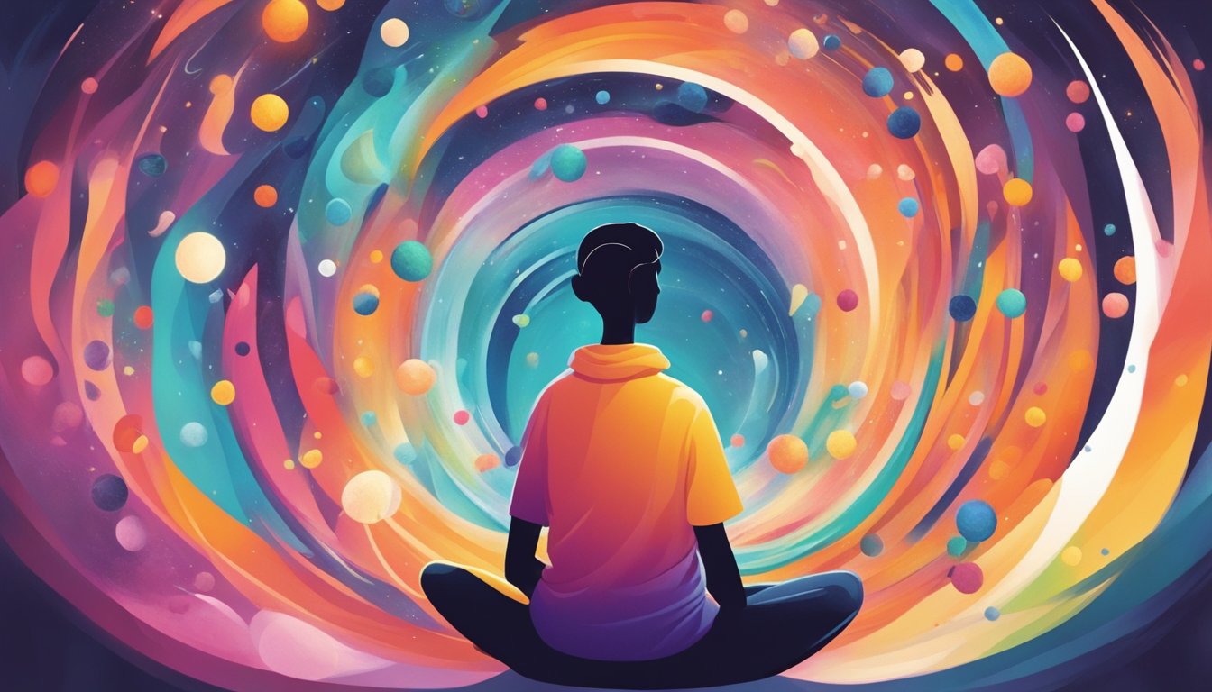 A person sitting in a peaceful environment, surrounded by various emotions depicted as colorful and swirling energy.</p><p>They are observing and processing the emotions, symbolizing the benefits and challenges of emotional awareness