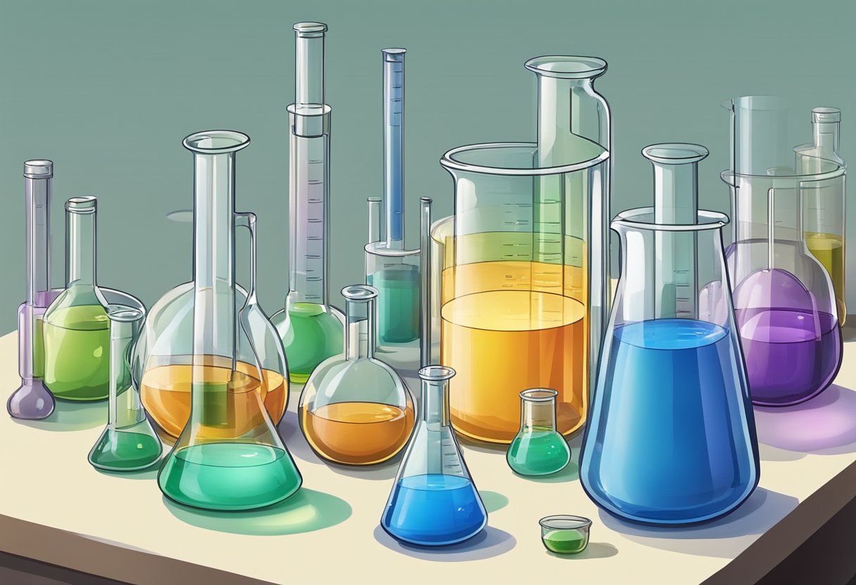 A glass beaker containing 4-Methyl Acetophenone sits on a laboratory bench, surrounded by various chemical equipment and glassware