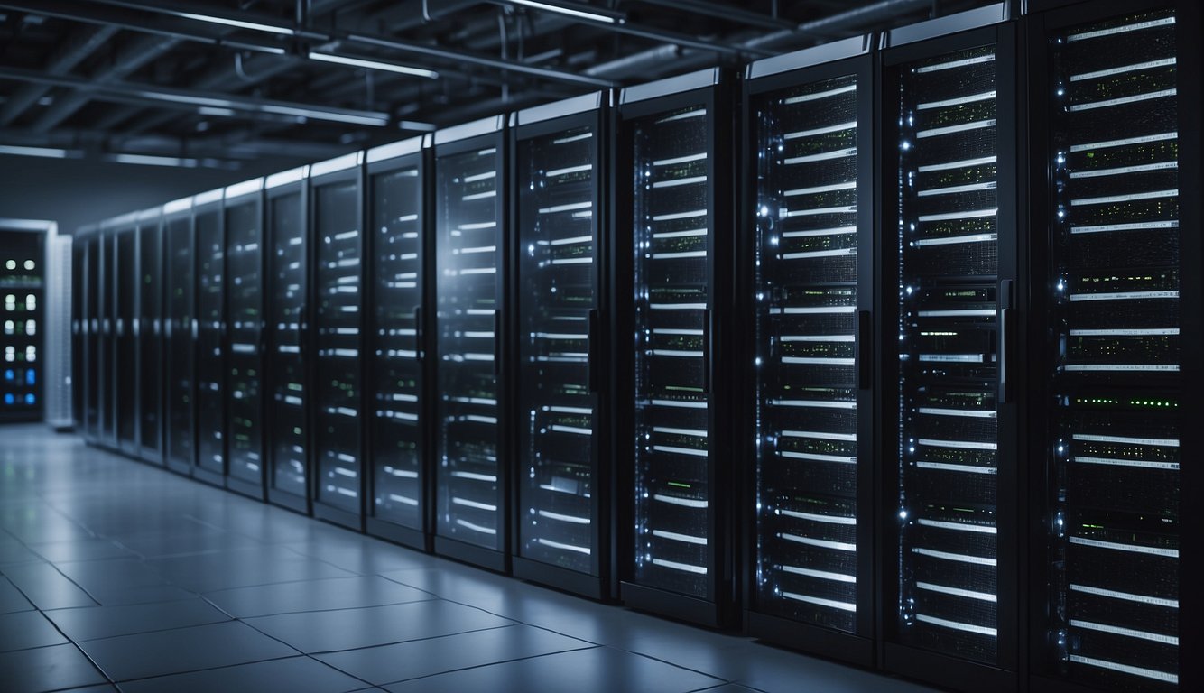 A row of 30 sleek VPS servers, neatly arranged in a well-lit, modern data center, with blinking lights and cables neatly organized