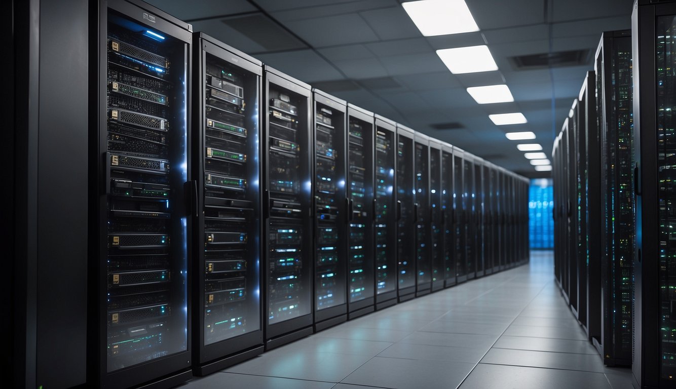 A row of sleek, modern VPS servers standing side by side in a clean, well-lit data center. Each server is labeled with "VHosting VPS I 30 Migliori VPS."