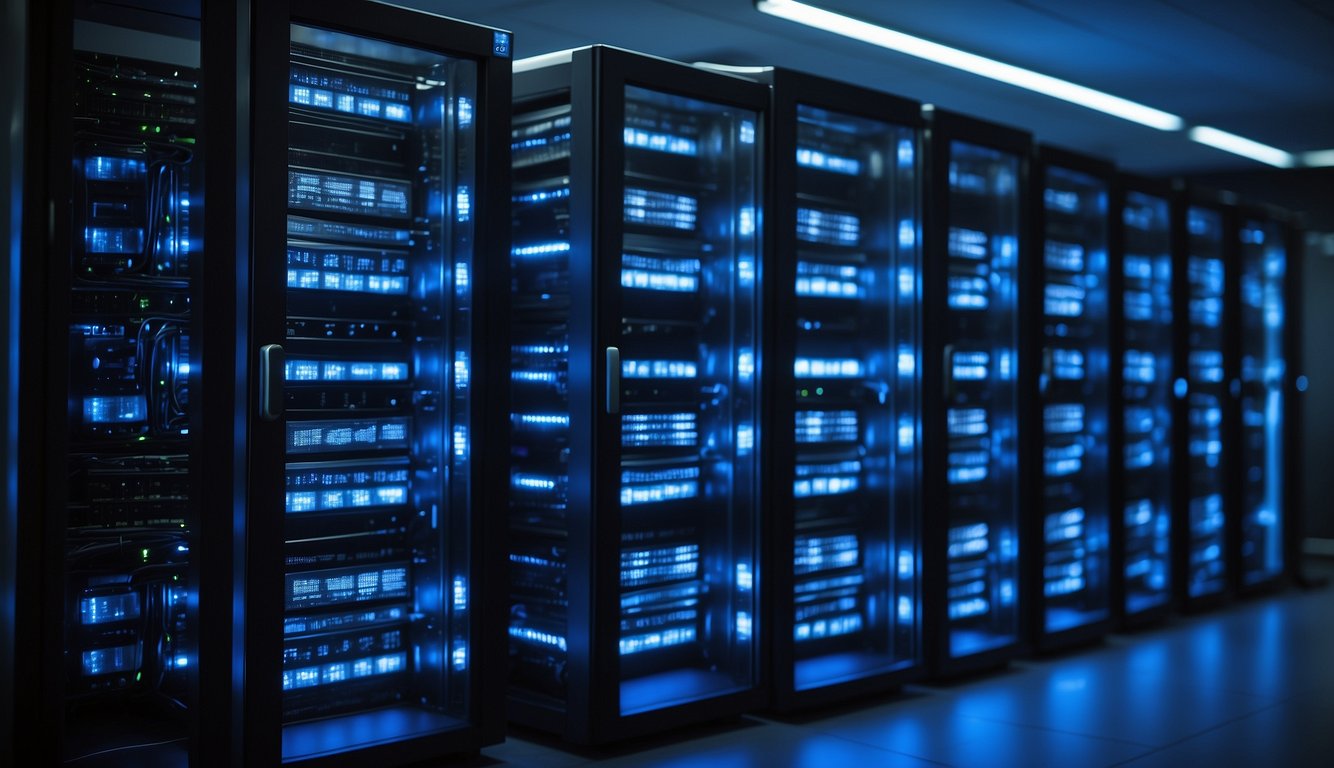 A sleek, modern server room with rows of Keliweb VPS I 30 servers neatly stacked and illuminated by soft, blue LED lights