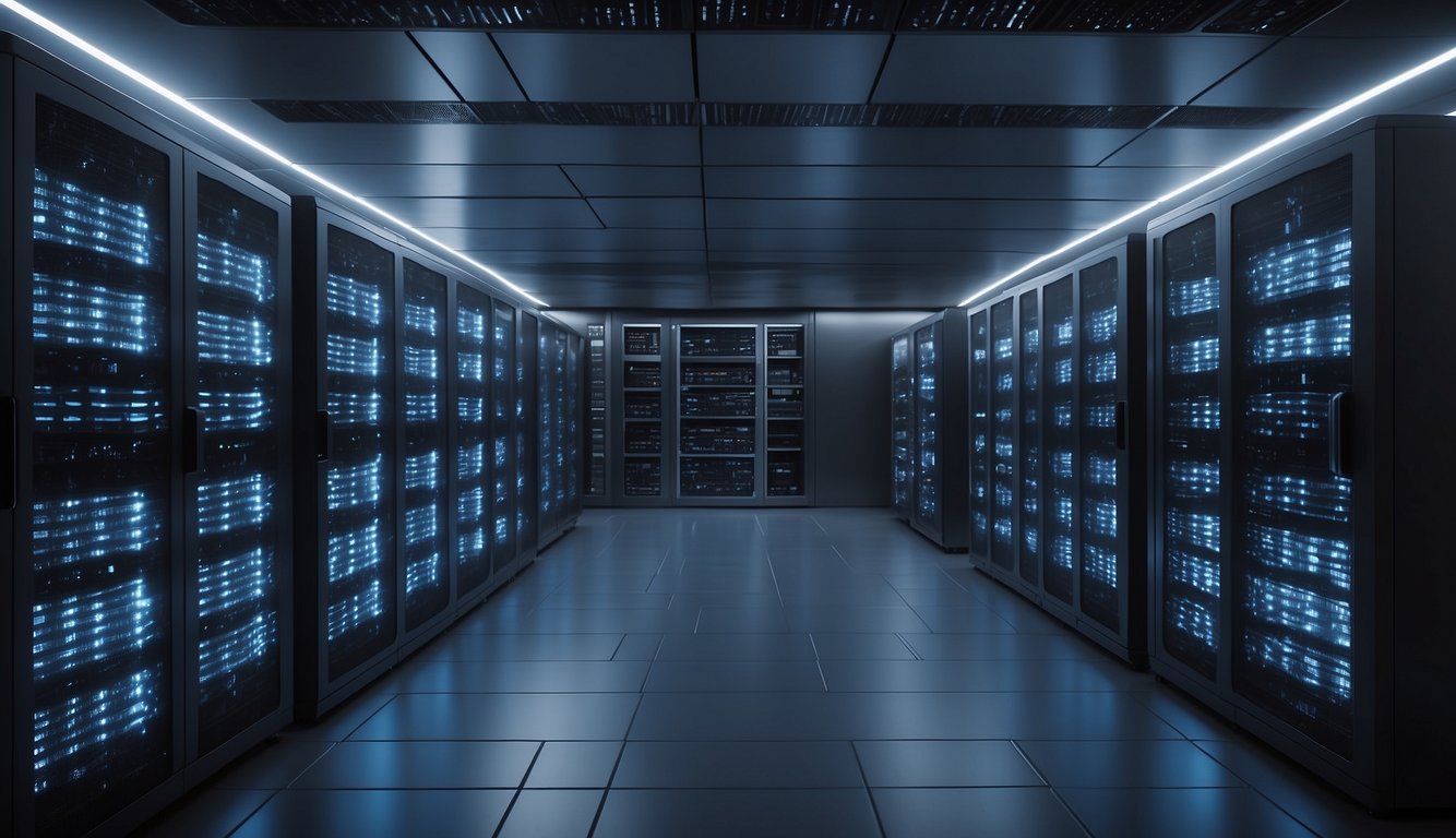 A sleek and modern server room filled with rows of Netsons VPS I 30 servers, with blinking lights and cooling fans, creating a high-tech and futuristic atmosphere