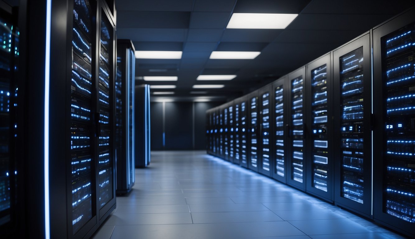 A sleek, modern server room with rows of OVH VPS servers neatly stacked and blinking with activity