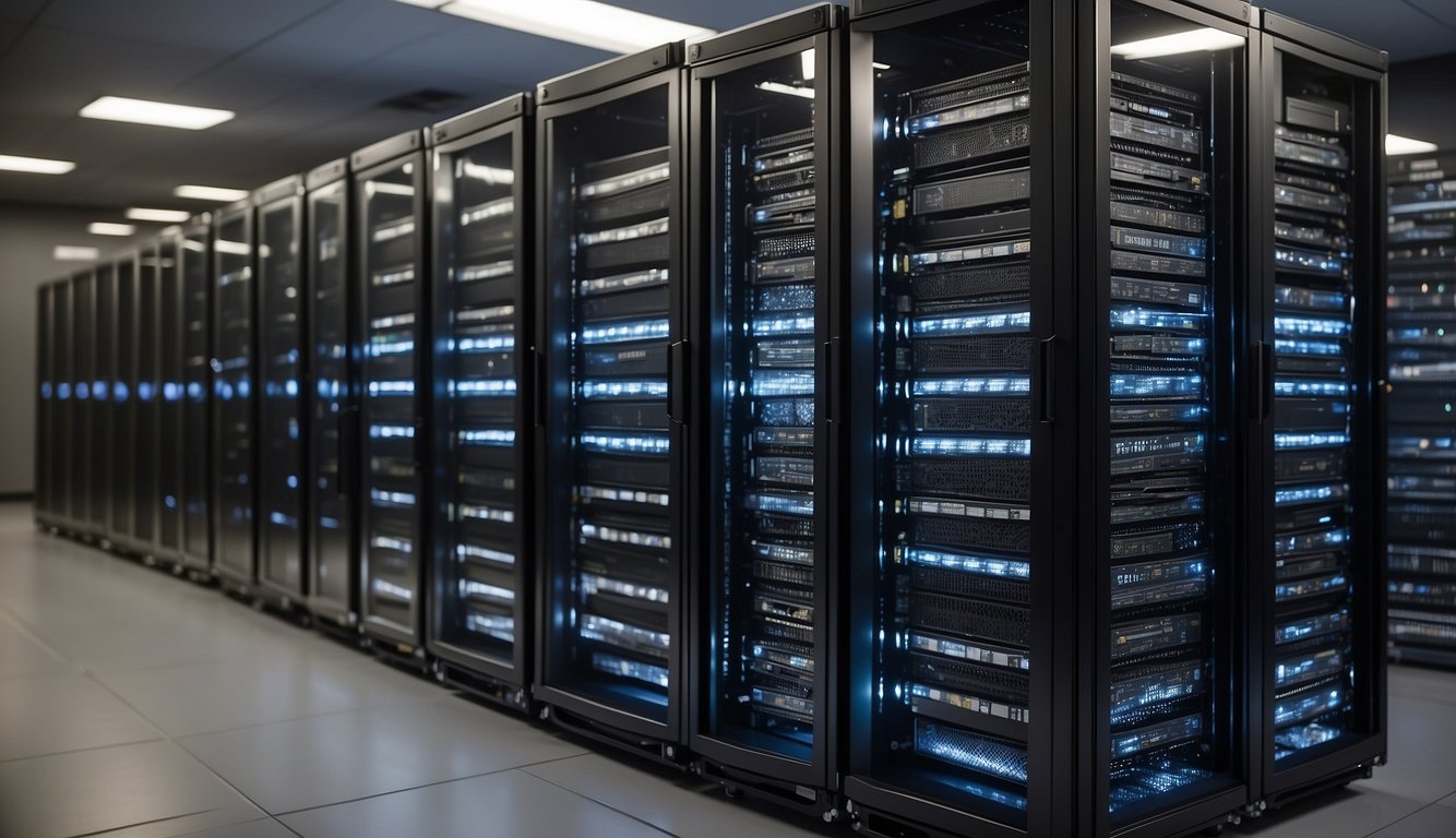 A row of 30 sleek VPS servers, each labeled "Shellrent VPS I," neatly arranged in a well-lit, spacious server room