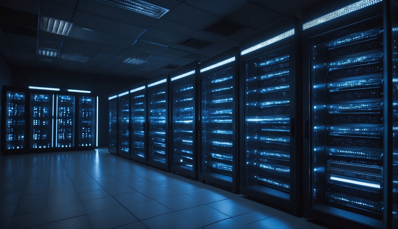 A sleek server room with rows of Seeweb VPS servers neatly organized and illuminated by soft blue lighting