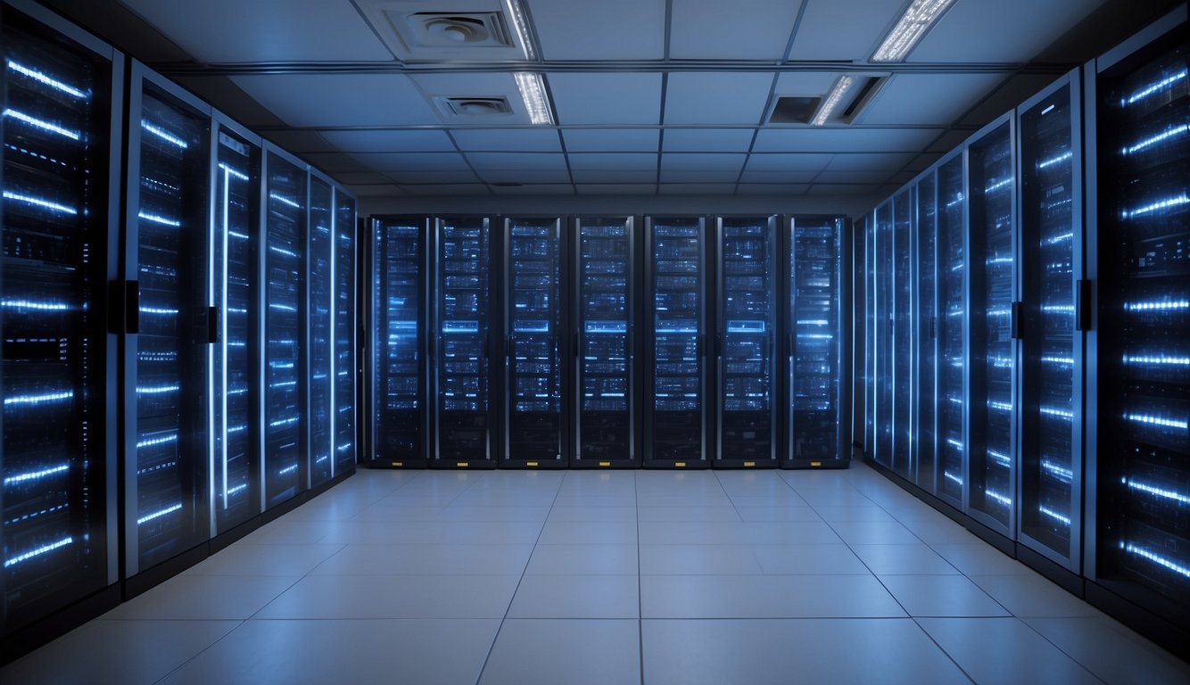 A sleek and modern server room with rows of Server24 VPS units neatly organized and illuminated by soft, blue LED lights