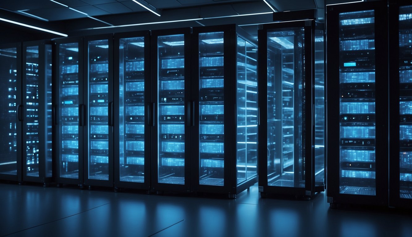 A sleek, modern server room with rows of 1&1 IONOS VPS servers neatly stacked and illuminated by a soft blue glow, creating a futuristic and high-tech atmosphere