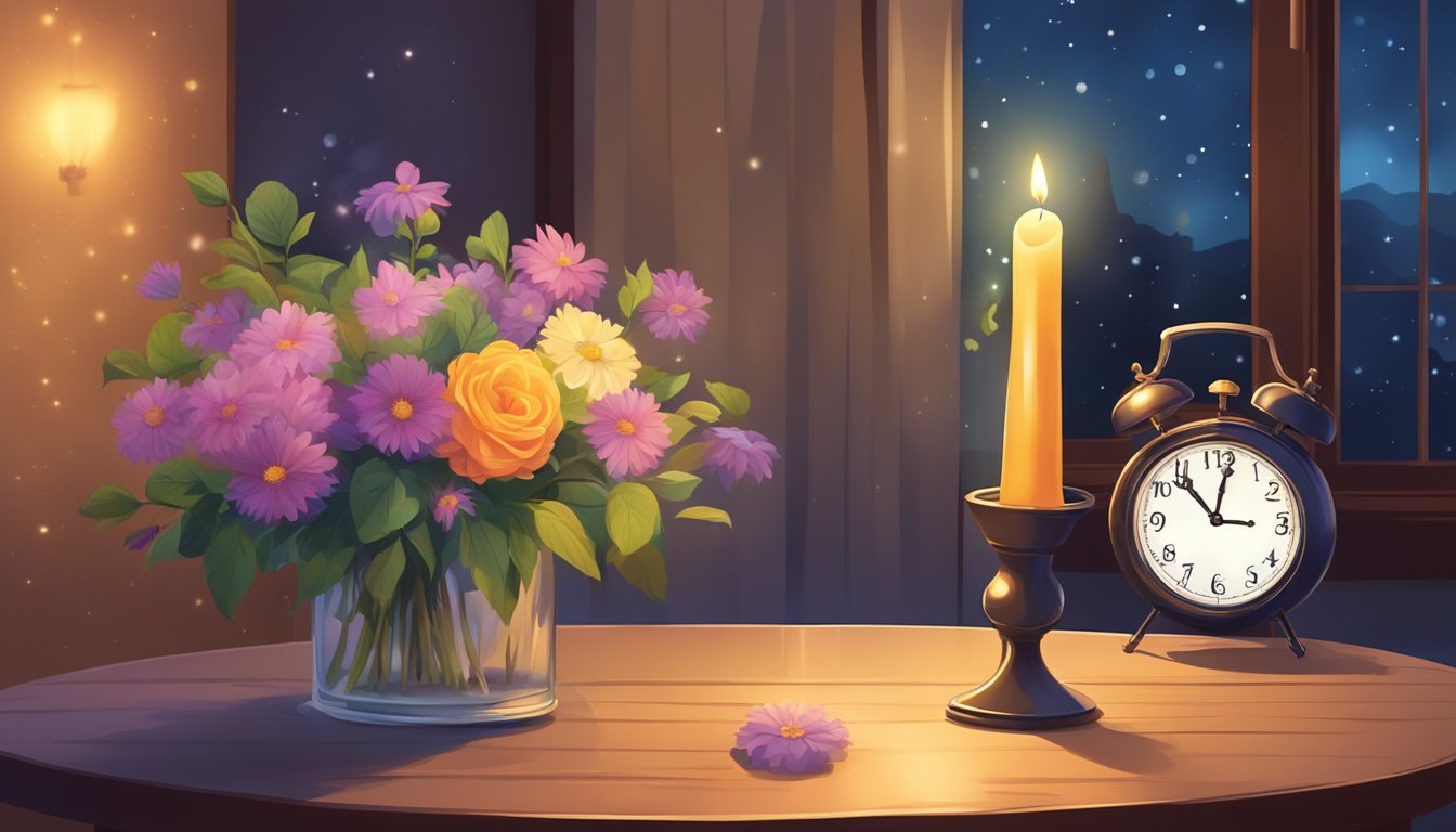 A solitary candle flickers on a table, casting a soft glow on a bouquet of wilting flowers.</p><p>A clock strikes midnight, marking the moment of transition