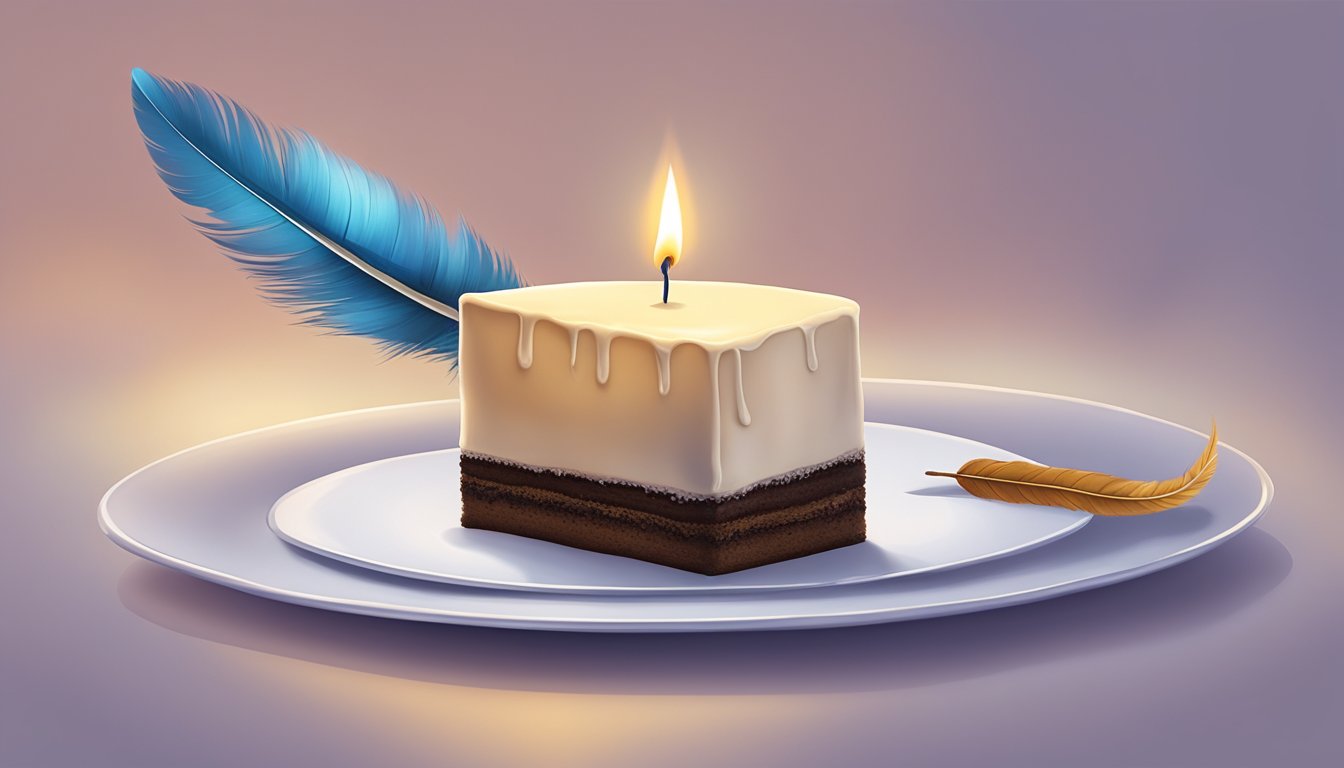 A candle flickers out as a lone feather drifts down, landing on a forgotten birthday cake