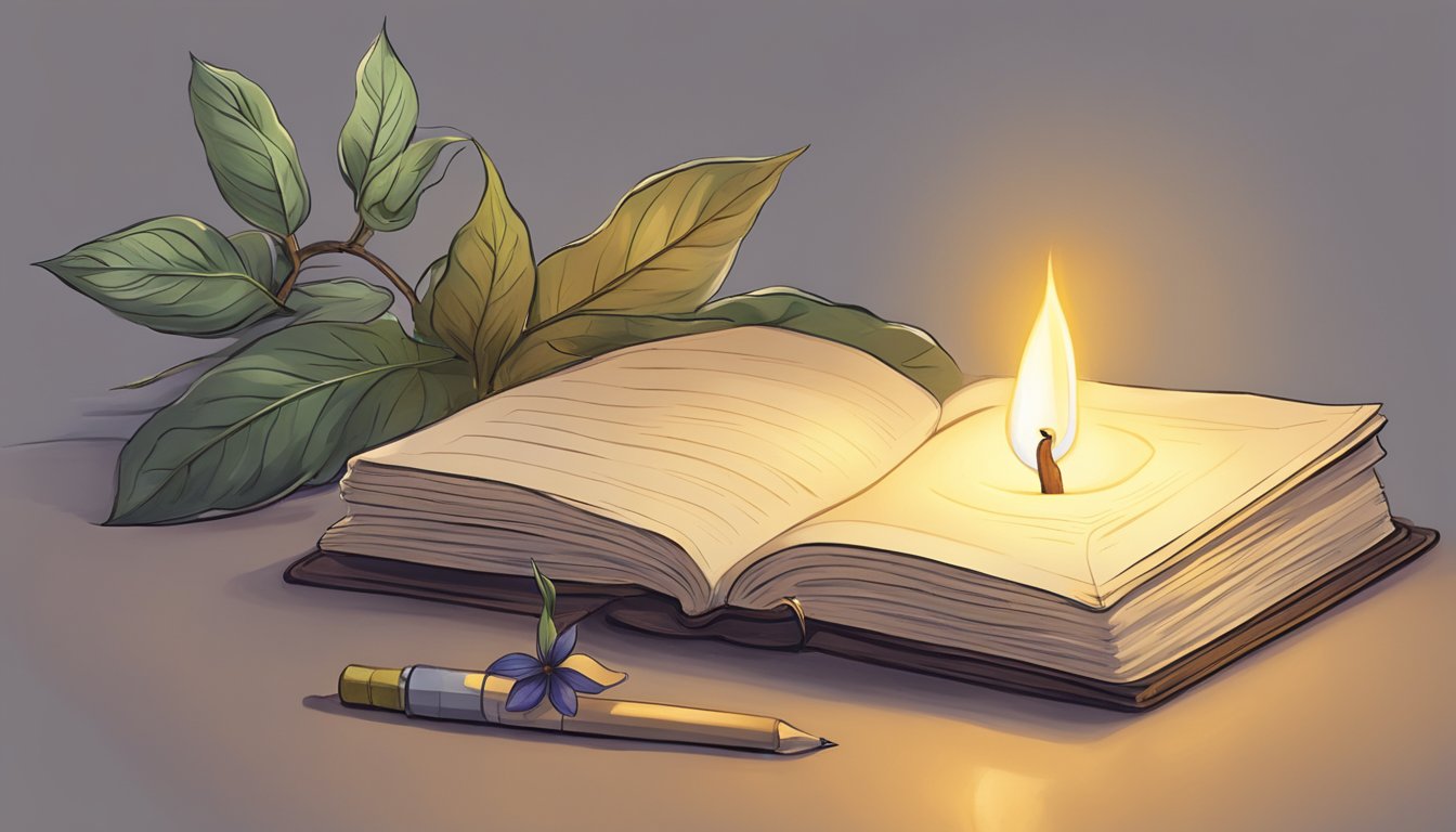 A single candle burns on a table, casting a soft glow on a journal filled with reflective writing.</p><p>A blooming flower symbolizes growth, while a fading leaf represents the passing of time