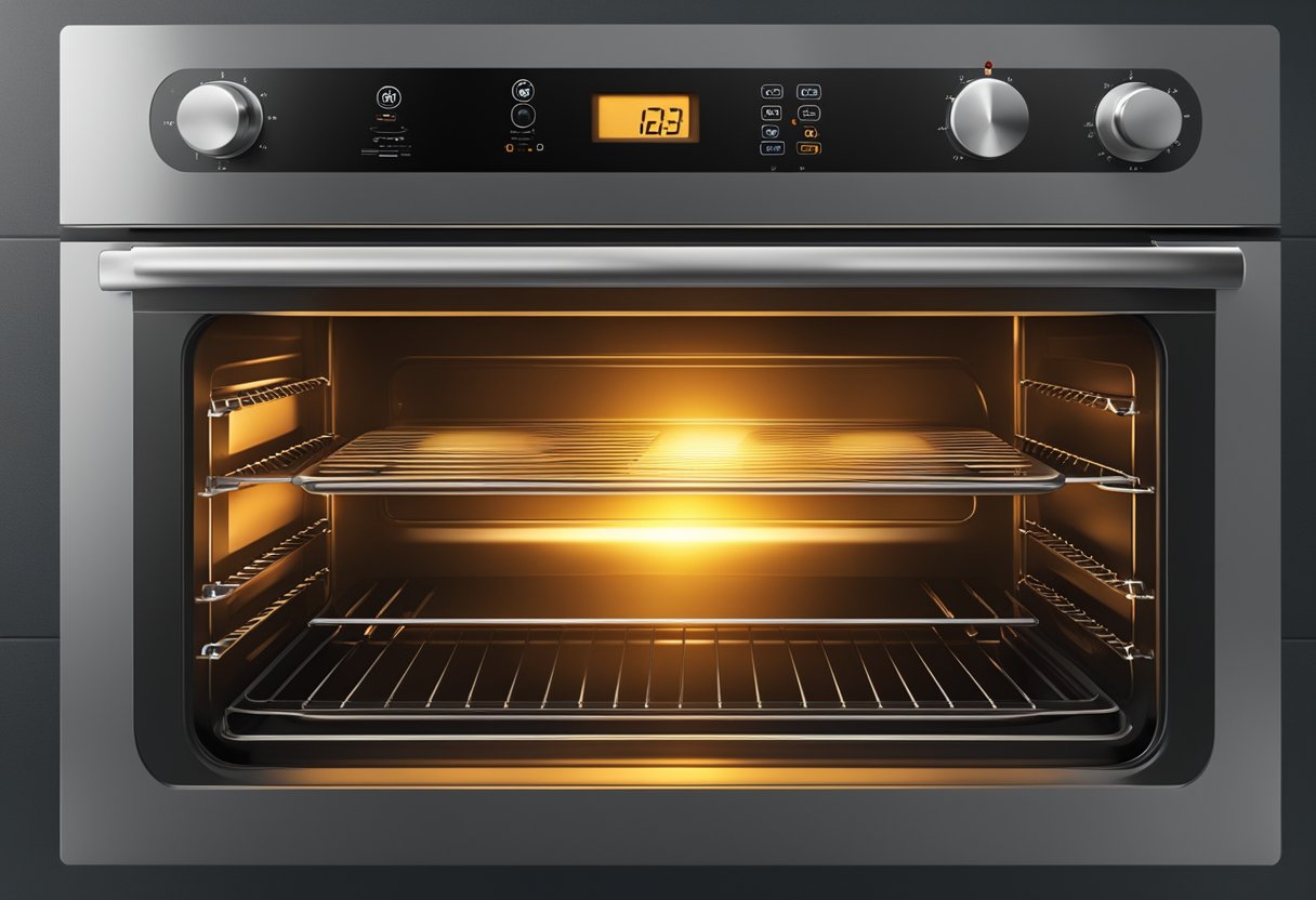 A household oven in use, with glowing heating elements and a digital display showing energy usage