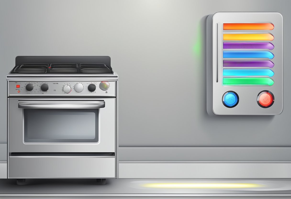 A glowing oven with energy usage meter