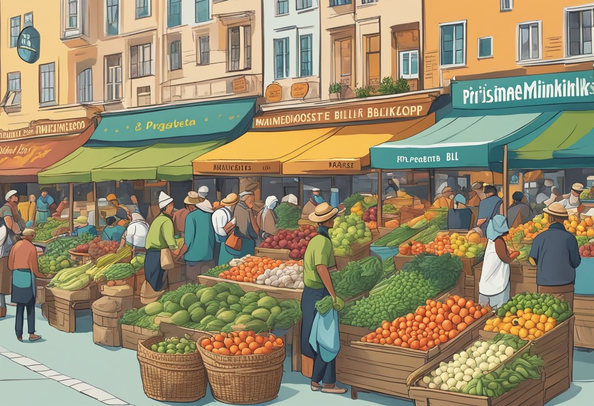 A bustling market with colorful produce and signs advertising "Prismedveten Matinköp billigaste maten" in bold lettering