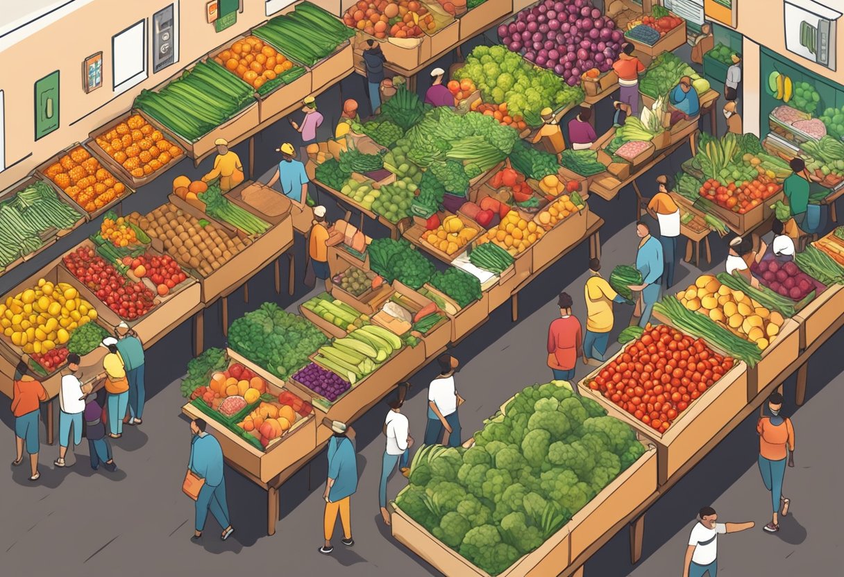 A crowded market with colorful fruits and vegetables displayed on tables, with signs advertising "Optimize Your Food Costs - Cheapest Foods"