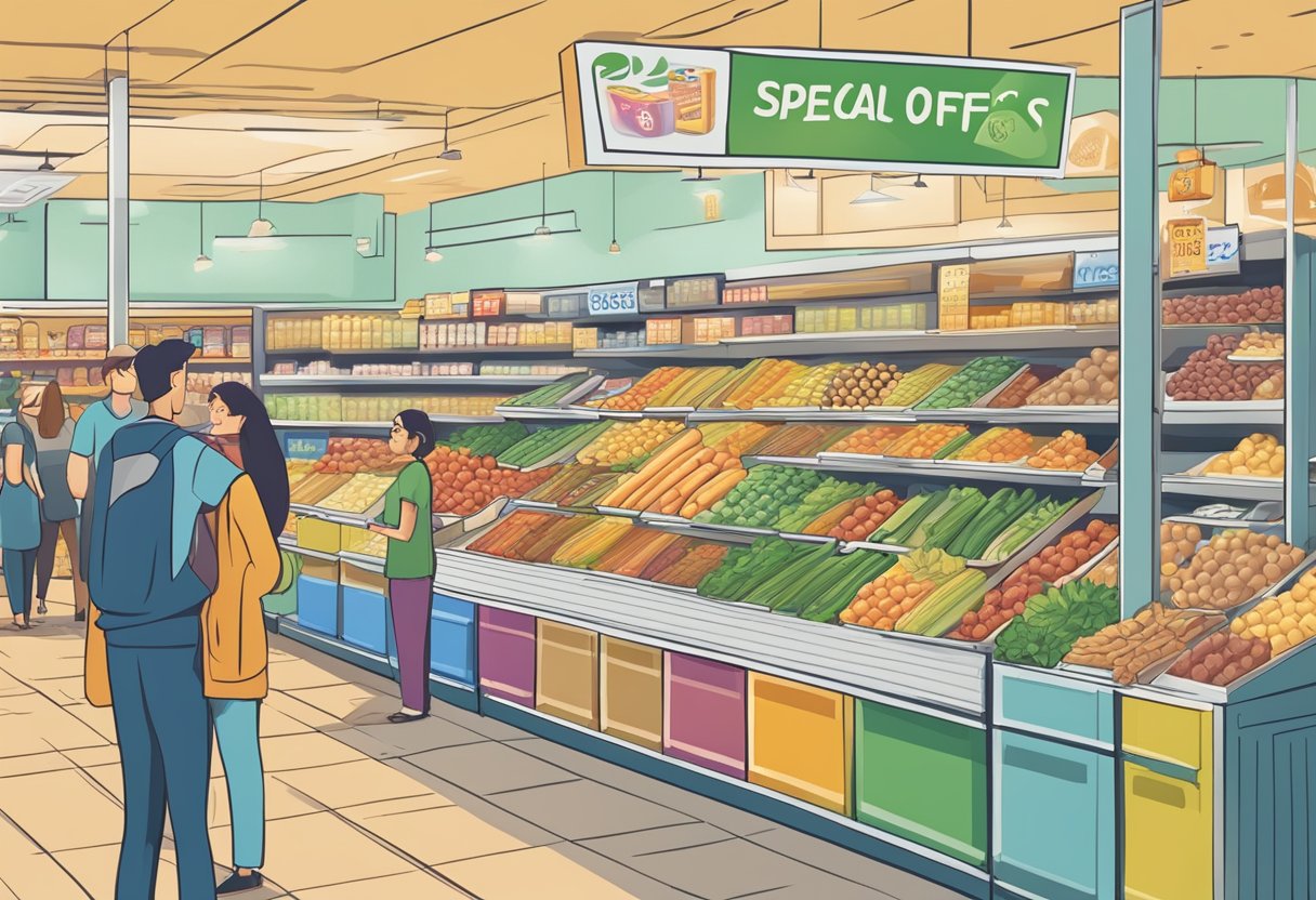 A crowded grocery store with "Special Offers" and "Discounts" signs on display, showcasing the cheapest food options