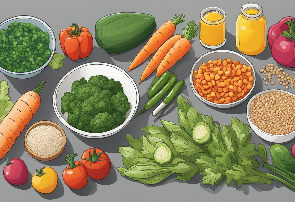 A colorful array of fresh vegetables, lean proteins, and whole grains spread out on a kitchen counter, ready to be turned into a healthy and quick dinner