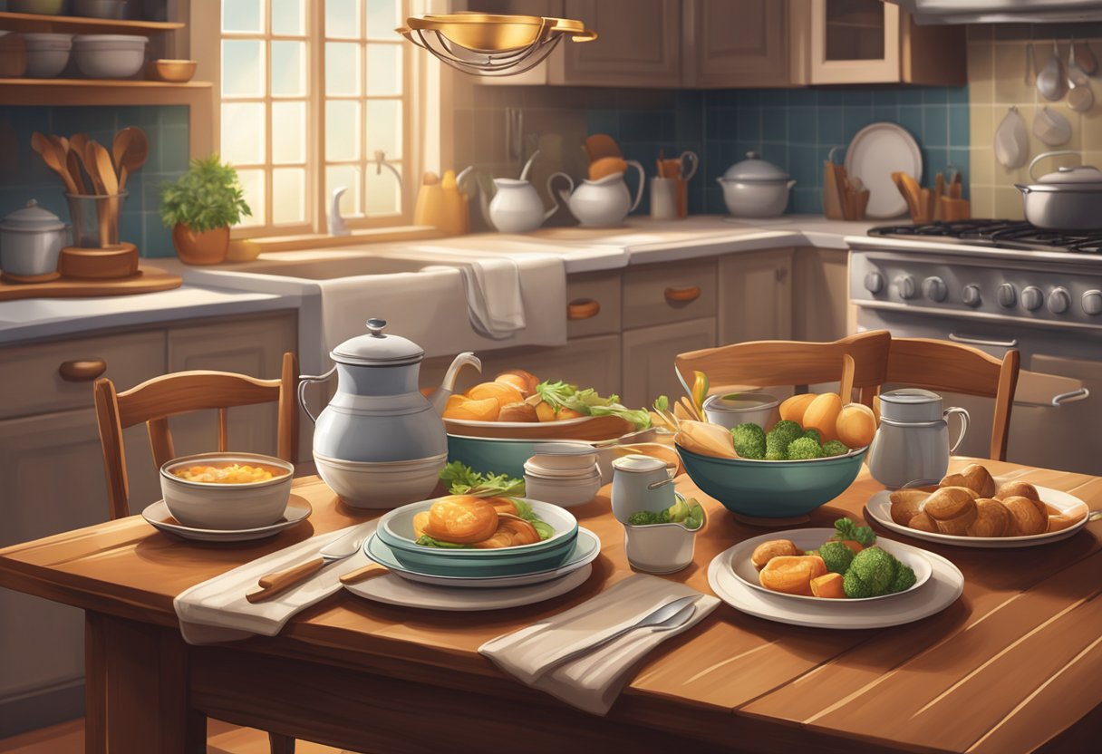 A cozy kitchen table set with simple dinnerware and a steaming pot of food, surrounded by a warm, inviting atmosphere