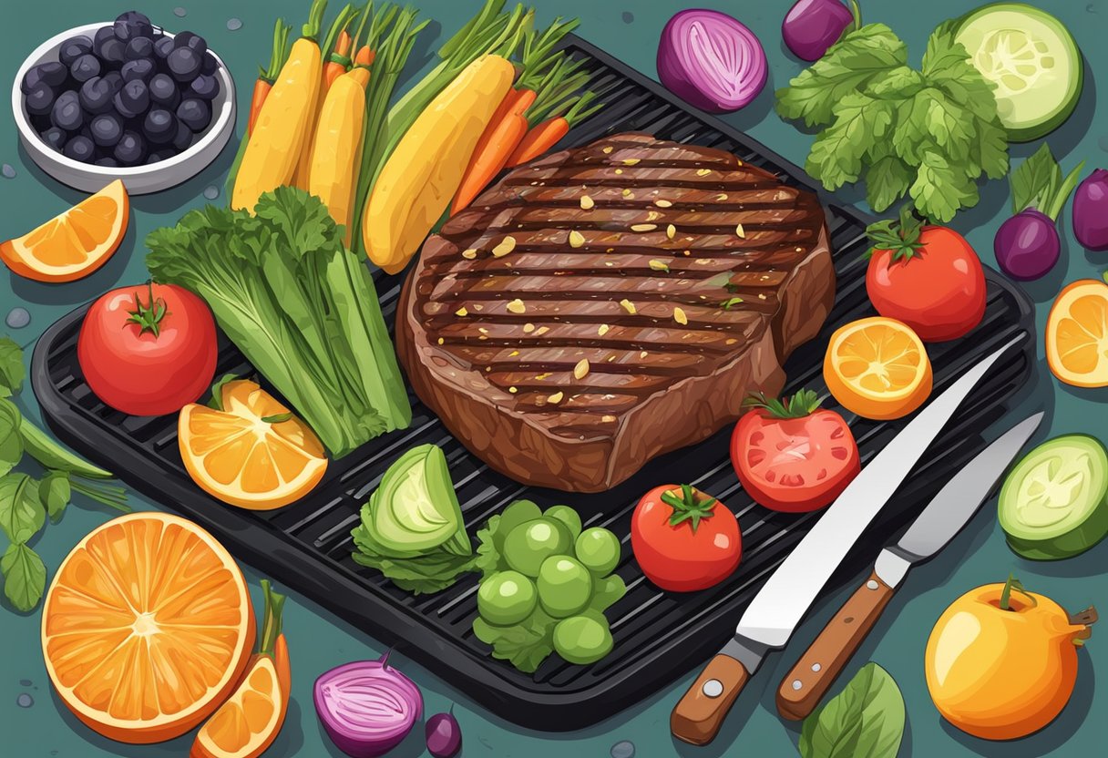 A juicy steak sizzling on a hot grill, surrounded by colorful fruits and vegetables, showcasing the nutritional benefits of eating meat