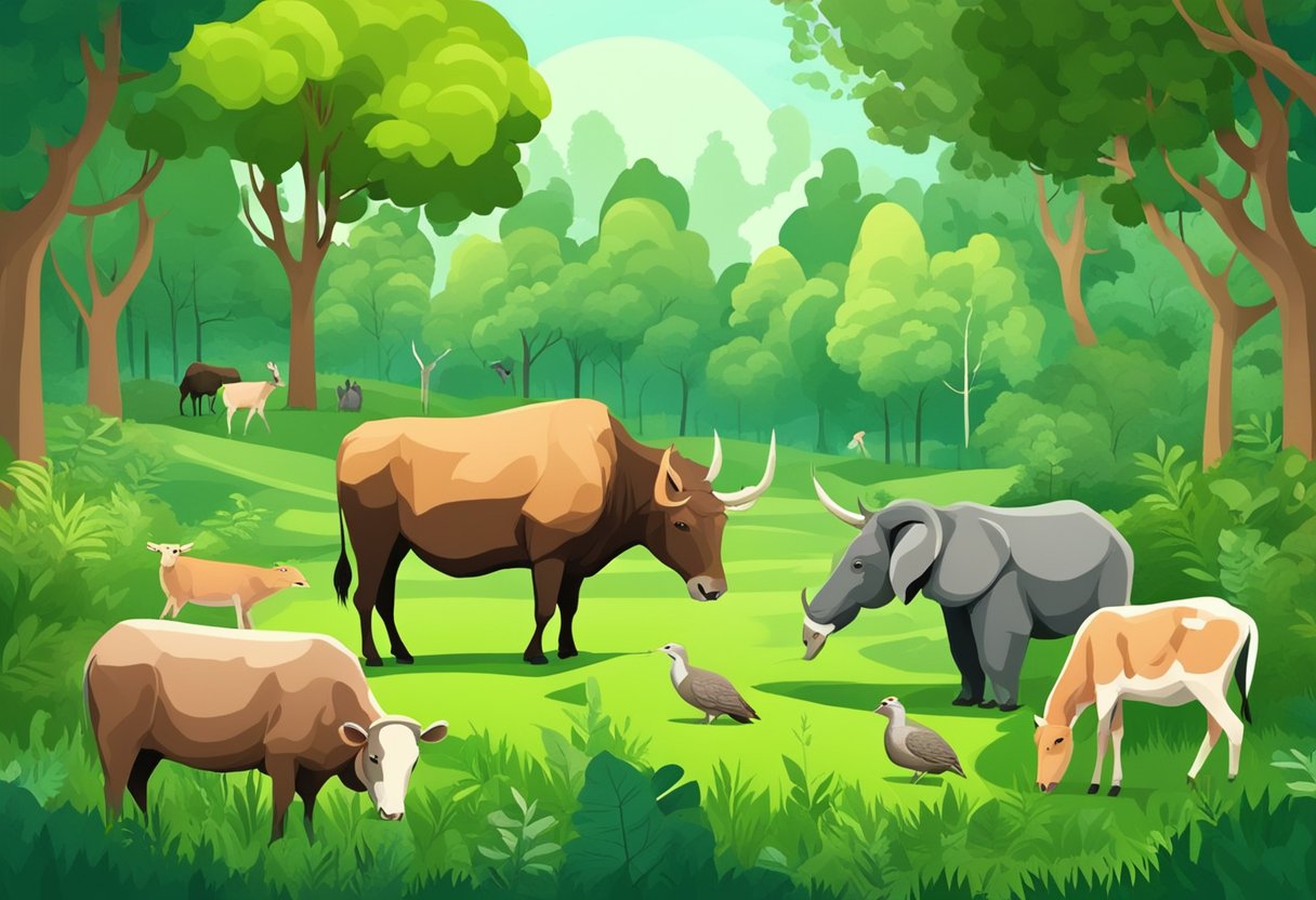 A lush green forest with a variety of animals grazing on the grass, depicting the environmental impact of meat consumption