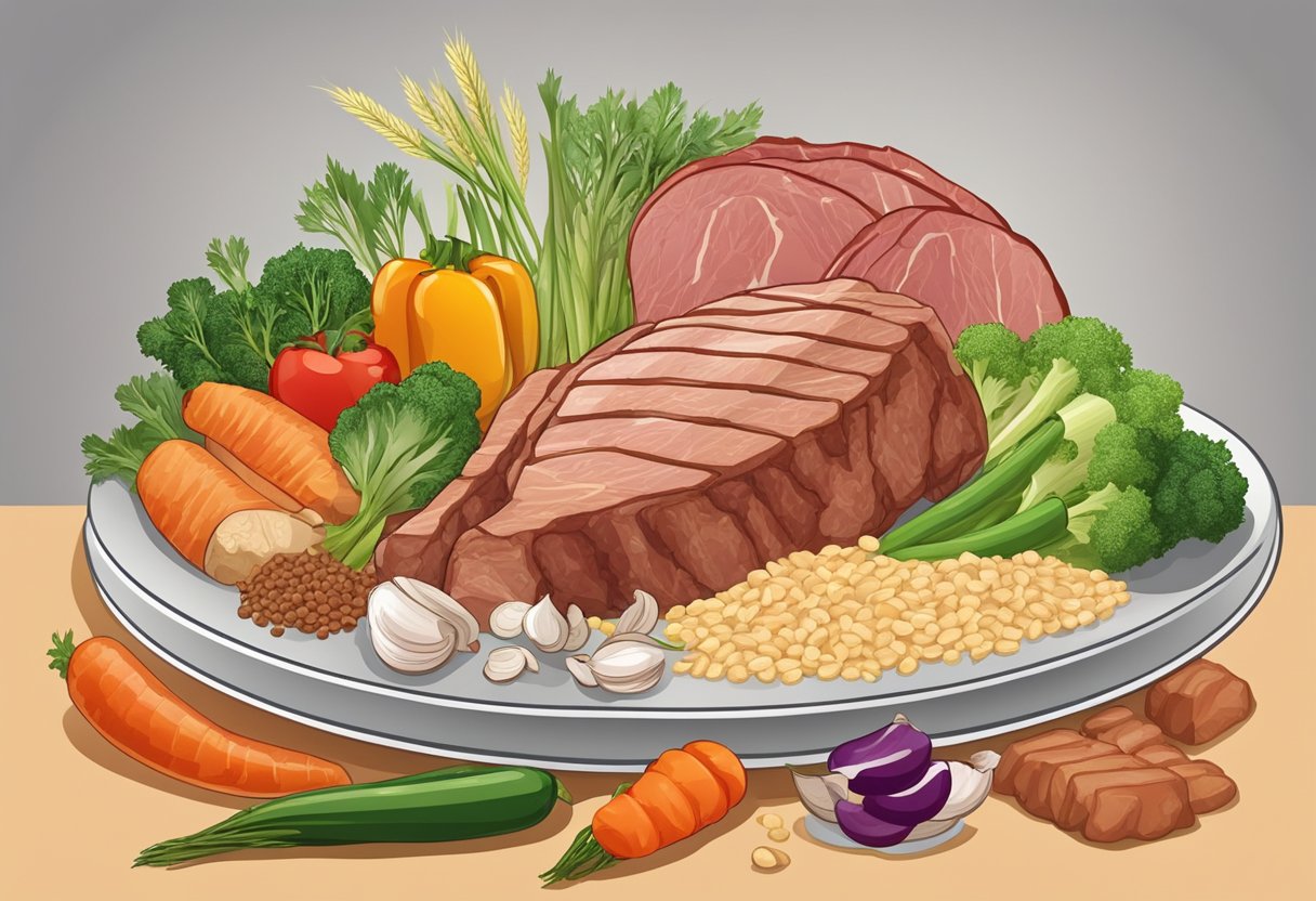 A plate of meat surrounded by vegetables and grains, representing a balanced diet